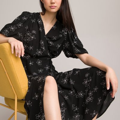 Floral Wrapover Midaxi Dress with Short Puff Sleeves LA REDOUTE COLLECTIONS
