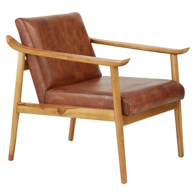 Brown Cow Leather and Natural Teak Wood Mid Century Chair SO'HOME