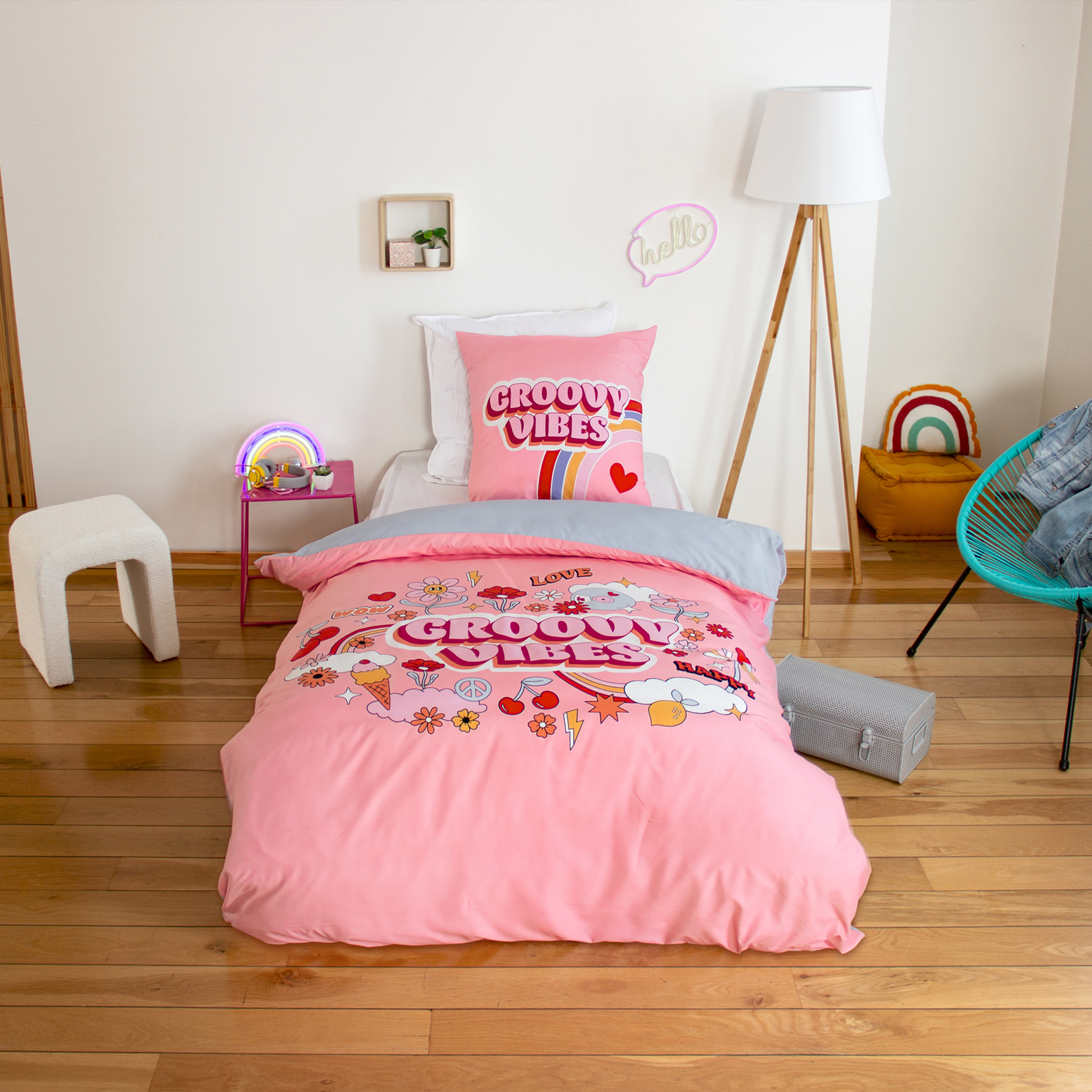 Parure de lit enfant Groovy Vibes rose, COTE DECO