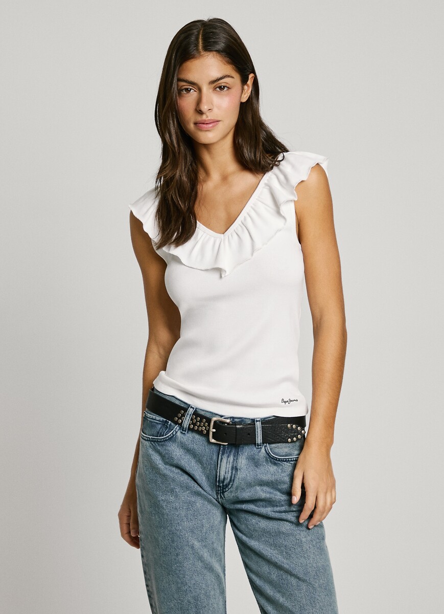 T-shirt a costine con scollo a V e volant, PEPE JEANS