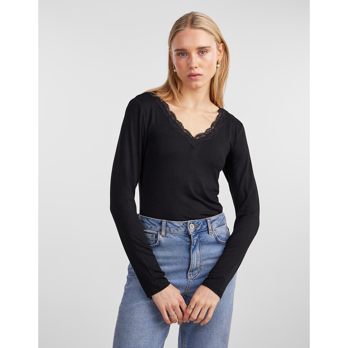 Long Sleeve T-Shirt with Lace-Trimmed Neckline