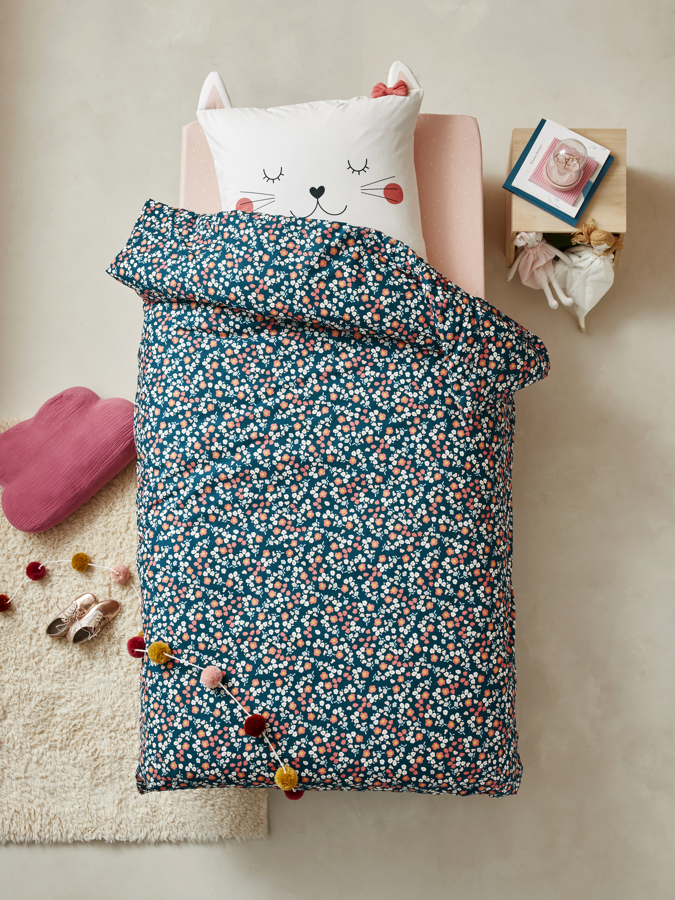 Parure housse de couette + taie d'oreiller CHAT WAOU, VERTBAUDET