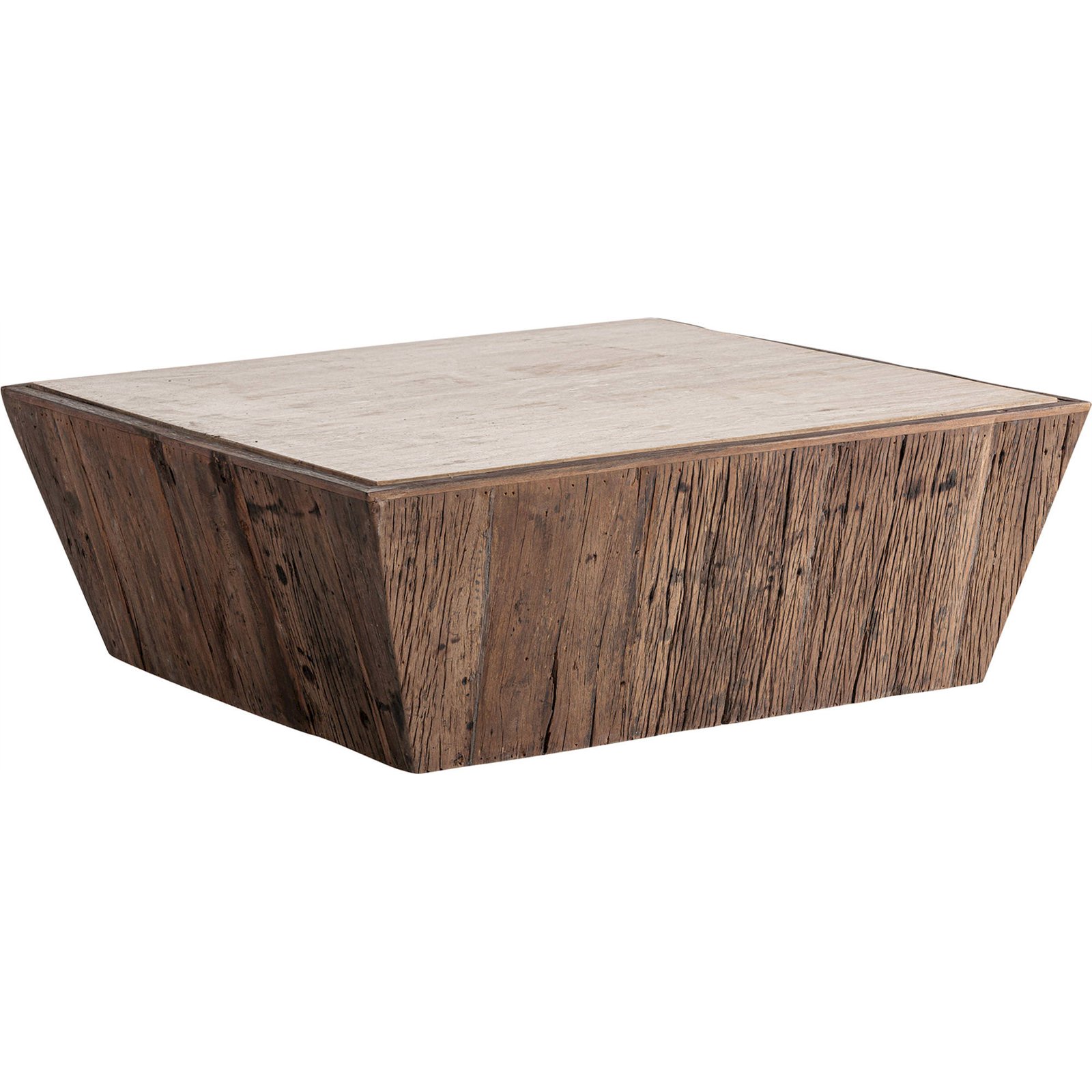Table basse en bois récupéré et travertin, RECOLLECTION