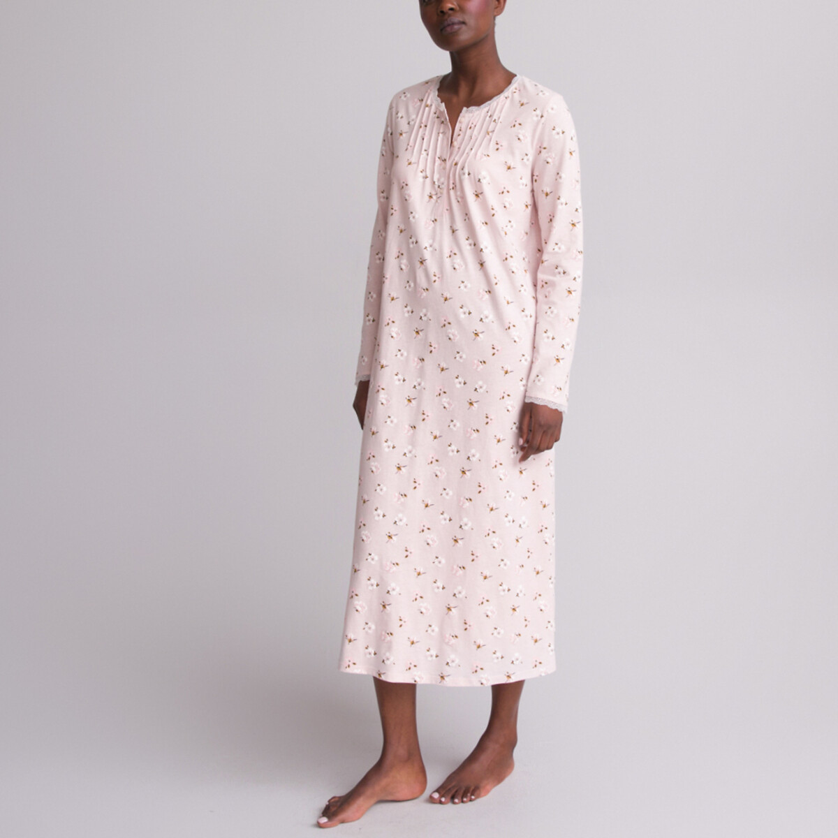Floral Print Cotton Nightdress with Long Sleeves