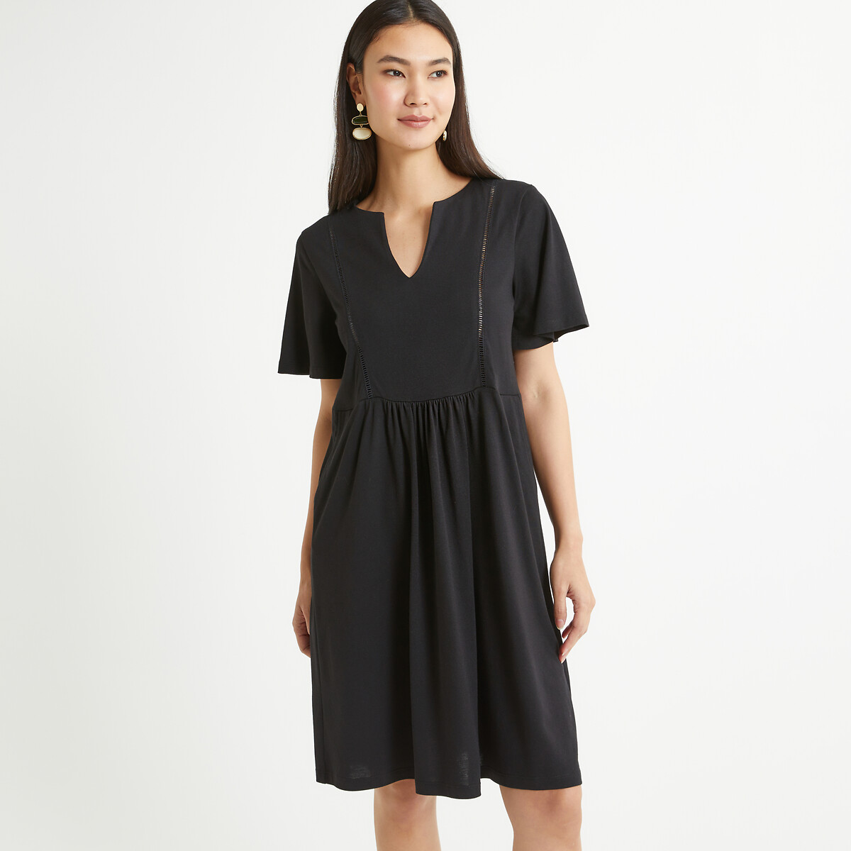Mid-Length Dress with Notched Neck and Short Sleeves in Cotton Mix