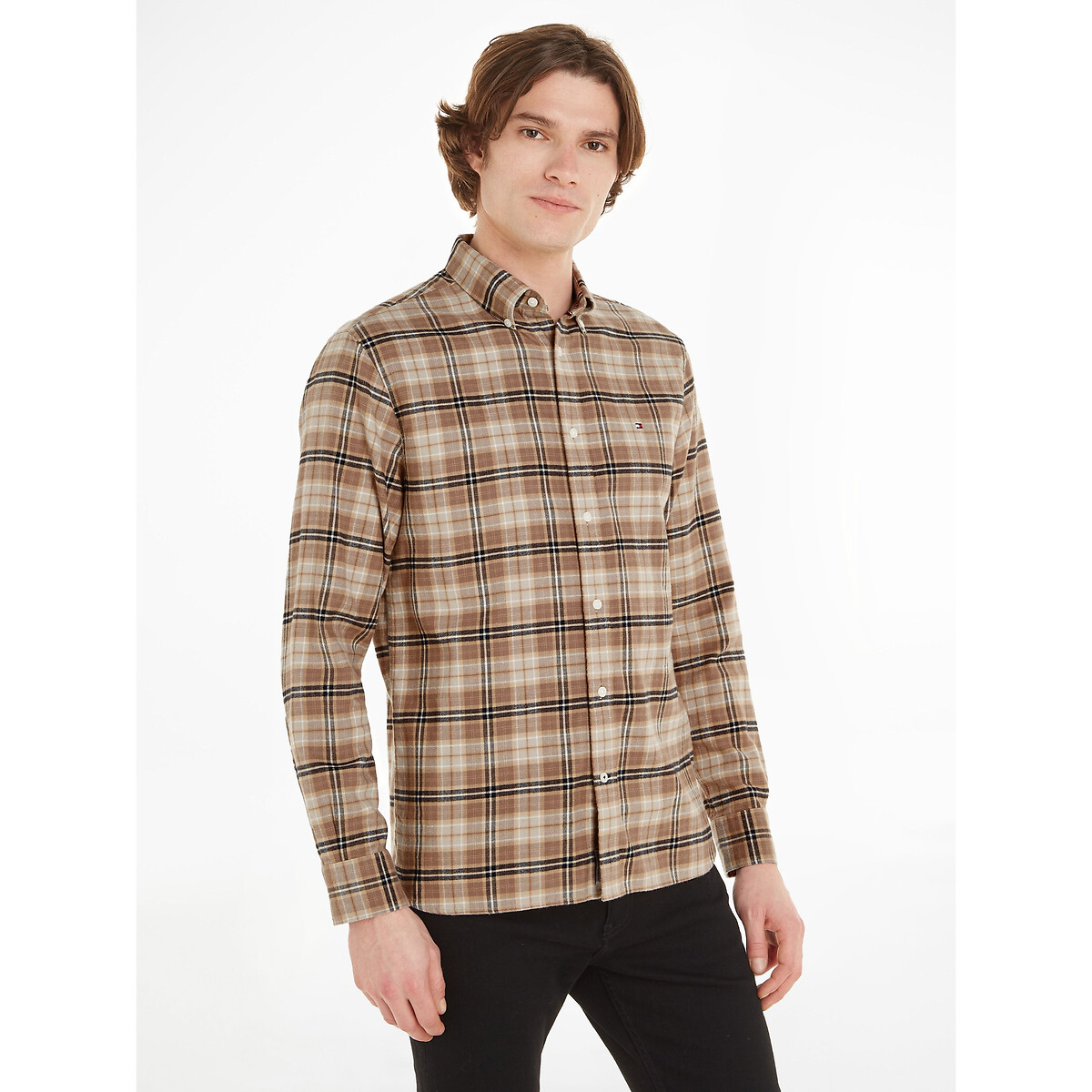 Image of Checked Tartan Cotton Shirt with Buttoned Collar