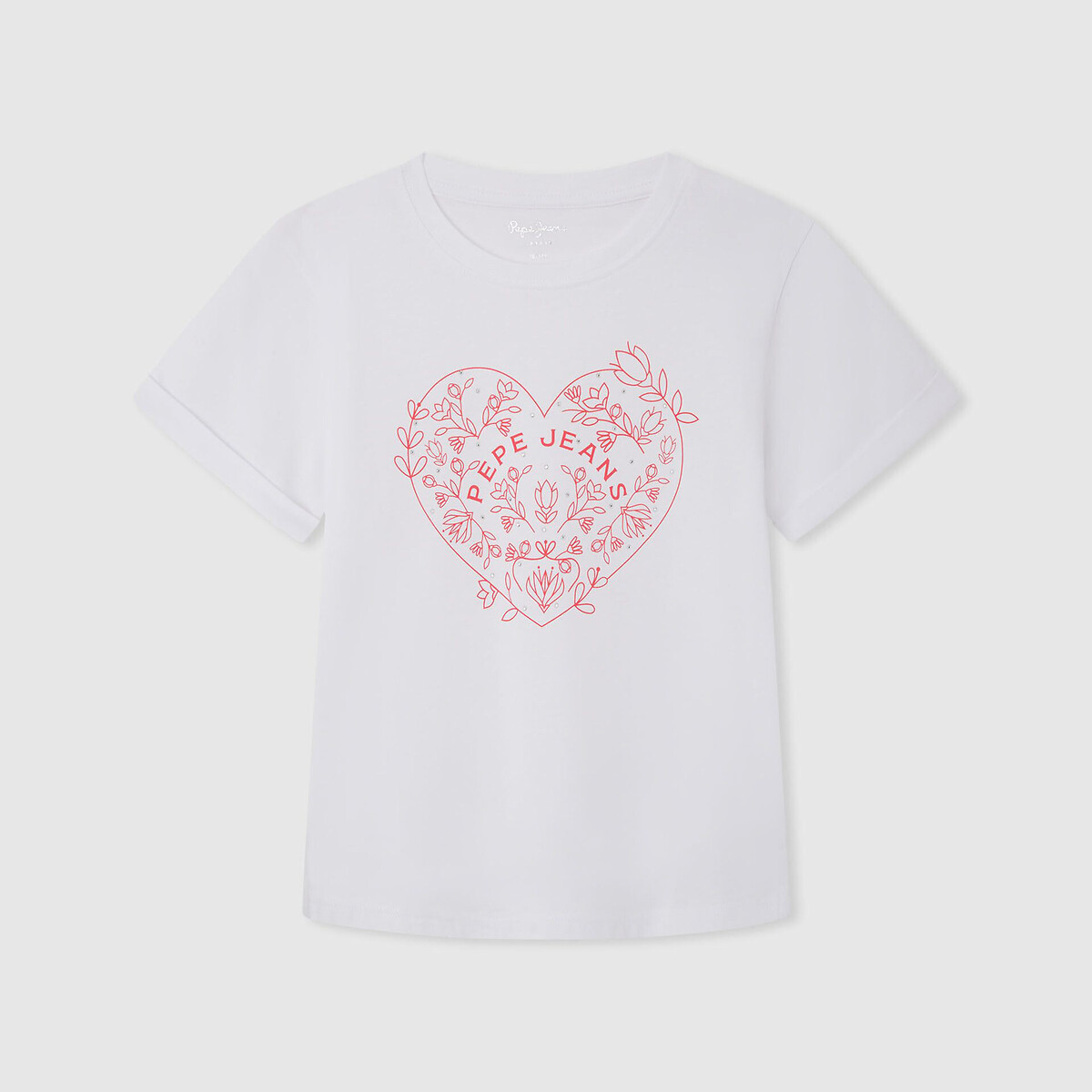 Image of Heart Print Cotton T-Shirt with Short Sleeves