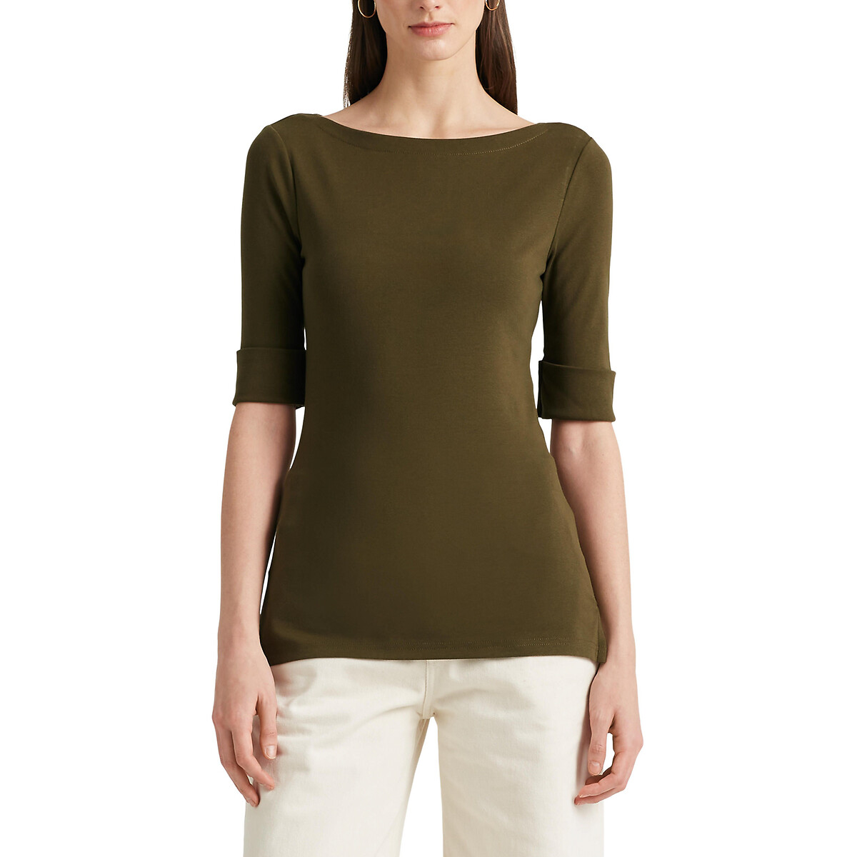 Image of Stretch Cotton T-Shirt with Boat Neck and Elbow-Length Sleeves