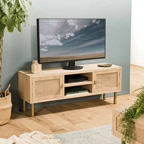 Meuble TV 120cm style contemporain en bois avec tiroirs en toile de jute CORDOUE
