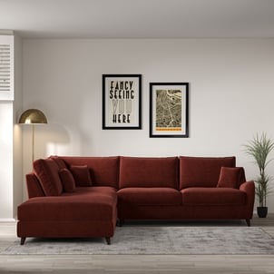 Amelia Velvet Corner Sofa & Modular Footstool Set with Dark Wood Legs (Left Facing) ÉDITÉ