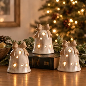 Set of 3 9cm Nordic Lights Light-up Porcelain Bells with Bow SO'HOME