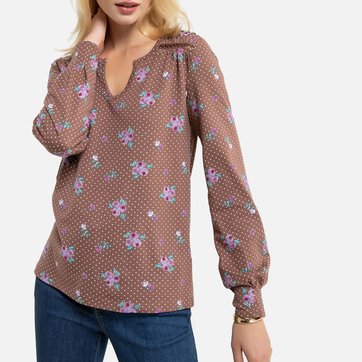 Blusa estampada com decote tunisino, em algodão & modal ANNE WEYBURN