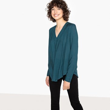 Blusa de decote em V, jogos de pregas à frente YAS
