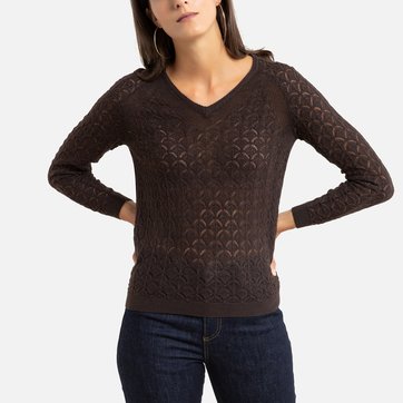 Camisola com decote em V, em malha fina ajurada ANNE WEYBURN