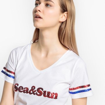 T-shirt, com decote em V, mangas curtas, mensagem com lantejoulas LA REDOUTE COLLECTIONS