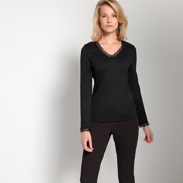 Camisola com decote em V, detalhe em guipura, mangas compridas ANNE WEYBURN