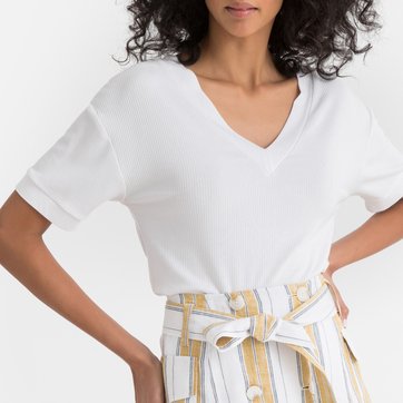 T-shirt com decote em V, em canelado fino LA REDOUTE COLLECTIONS
