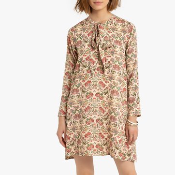 Vestido corto de flores, cuello amplio con chalina COMPANIA FANTASTICA