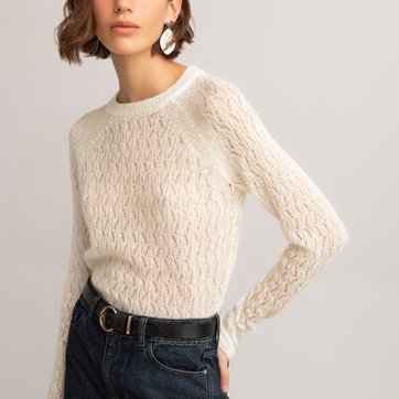 Camisola de gola redonda, em malha fina ajurada LA REDOUTE COLLECTIONS