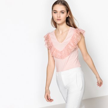 T-shirt com folhos e mangas em renda LA REDOUTE COLLECTIONS