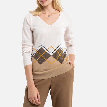 Camisola em intarsia, decote em V, em malha fina ANNE WEYBURN