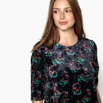 Vestido curto, largo, estampado às flores SEE U SOON