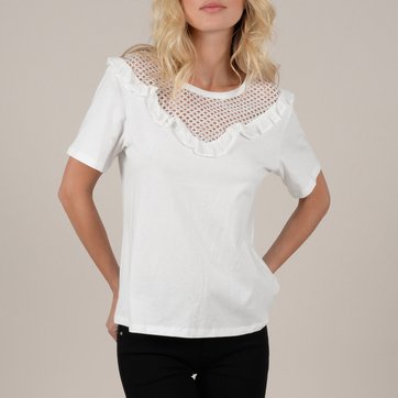 T-shirt com detalhe ajurado no peito, acabamento com folho MOLLY BRACKEN