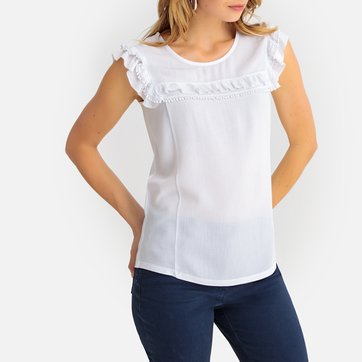 T-shirt de gola redonda, mangas curtas, com folhos ANNE WEYBURN