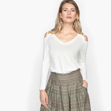 T-shirt lisa com decote em V, mangas compridas ANNE WEYBURN