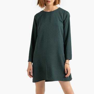 Vestido corto recto de lunares, manga 3/4, cuello redondo COMPANIA FANTASTICA