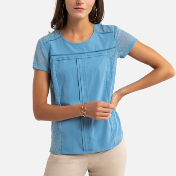 Kurzarm-Bluse mit Rundhalsausschnitt, Plumetis-Tüll ANNE WEYBURN