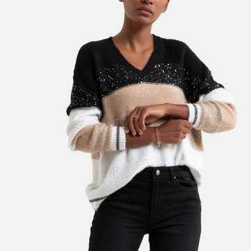 Gestreifter Pullover mit V-Ausschnitt und silberfarbenem Garn MOLLY BRACKEN