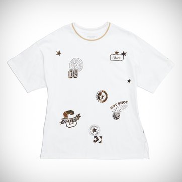 T-shirt loose, gola redonda, mangas curtas, emblemas CONVERSE