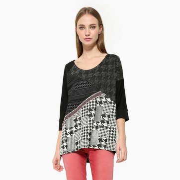 Camisola de gola redonda com estampado geométrico, mangas 3/4 DESIGUAL