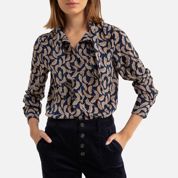 Blusa com estampado plumas, laço na gola SEE U SOON