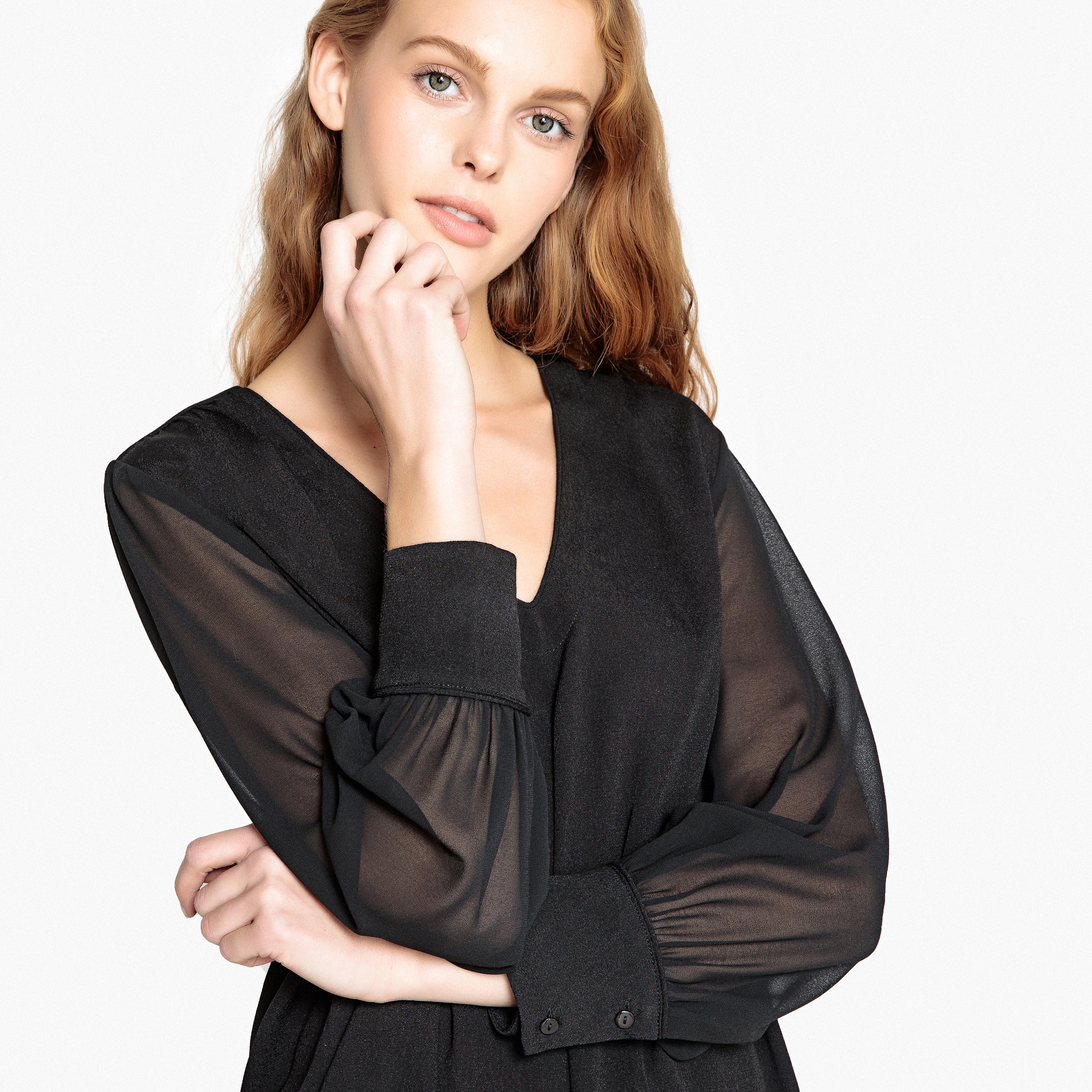 Blusa com decote em V, mangas compridas transparentes SEE U SOON