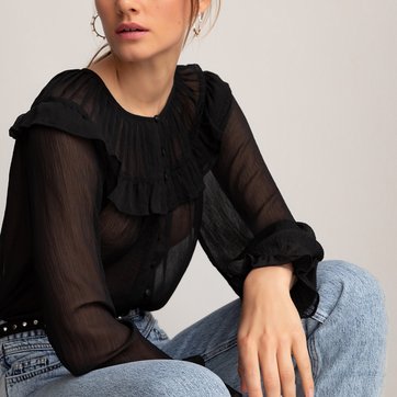 Blusa transparente com folho e gola redonda LA REDOUTE COLLECTIONS
