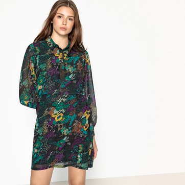 Vestido curto, motivo floral, mangas compridas SEE U SOON