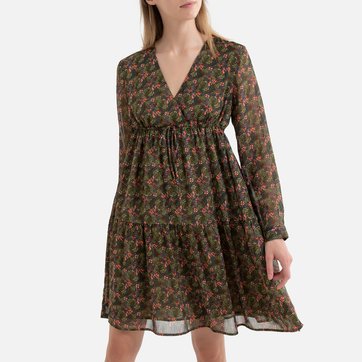 Vestido curto florido, decote V, corte evasé SEE U SOON