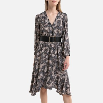 Vestido curto, estampado floral, decote em V SEE U SOON