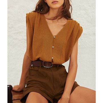 Femmes d/ét/é l/âche bouton col V Cami d/ébardeurs gilet Blouse Tefamore