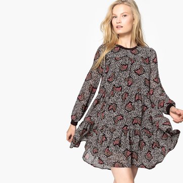 Vestido amplo, gola redonda, estampado gráfico SEE U SOON