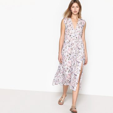 Vestido sem mangas, comprido e evasá, estampado flores SEE U SOON