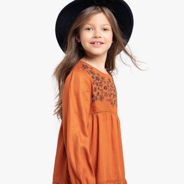 Vestido fluido de mangas compridas, com bordado, 3-12 anos LA REDOUTE COLLECTIONS