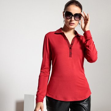 Camisola com gola polo, botões à frente, mangas compridas Camisola com gola polo, botões à frente, mangas compridas ANNE WEYBURN