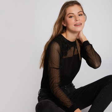 Blusa com parte de cima e mangas compridas em renda e malha de rede MORGAN