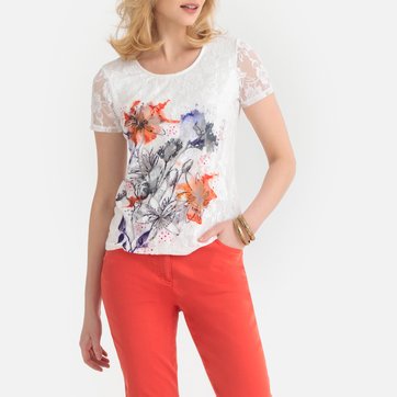 T-shirt estampada, em renda ANNE WEYBURN