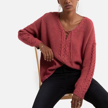 Strickpullover, Zopfmuster, V-Ausschnitt mit Bindeband MOLLY BRACKEN