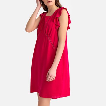 Vestido curto, mangas com folhos, detalhe com bordado ajurado SUD EXPRESS