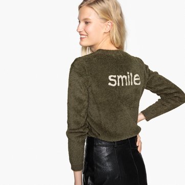 Camisola de gola redonda, estampado smile a contrastar atrás SEE U SOON